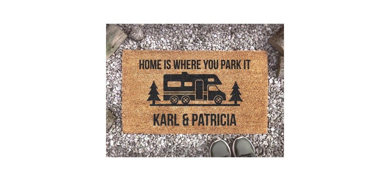 Personalized Camping Doormat that says "Home is where you park it" and some names