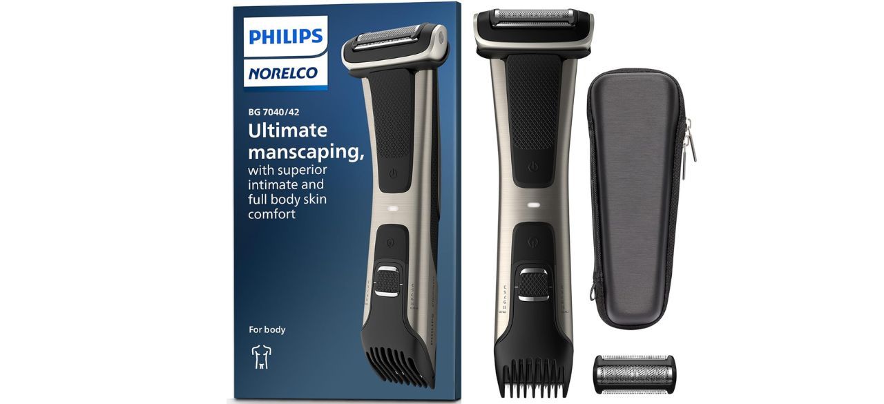 Philips Norelco Bodygroom trimmer set on white background