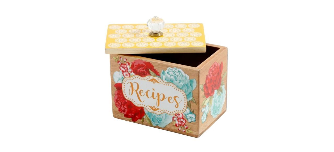 The Pioneer Woman Blossom Jubilee 6.2-inch Wood Recipe Container Box on white background