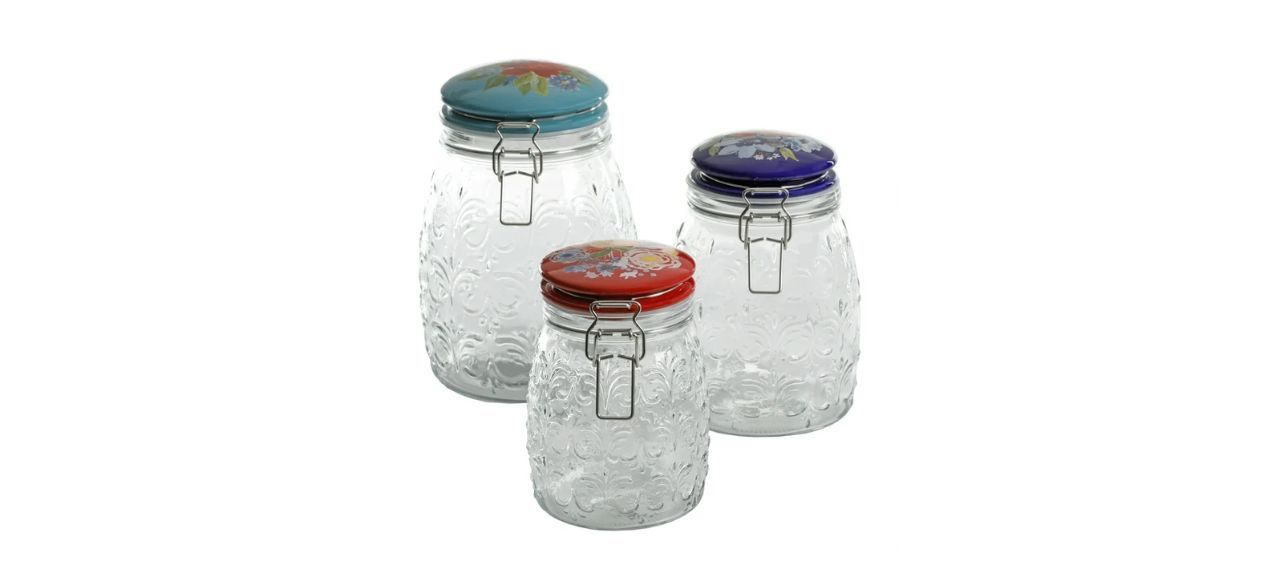 The Pioneer Woman Floral Embossed Clamp Jars, Set of 3 on white background`