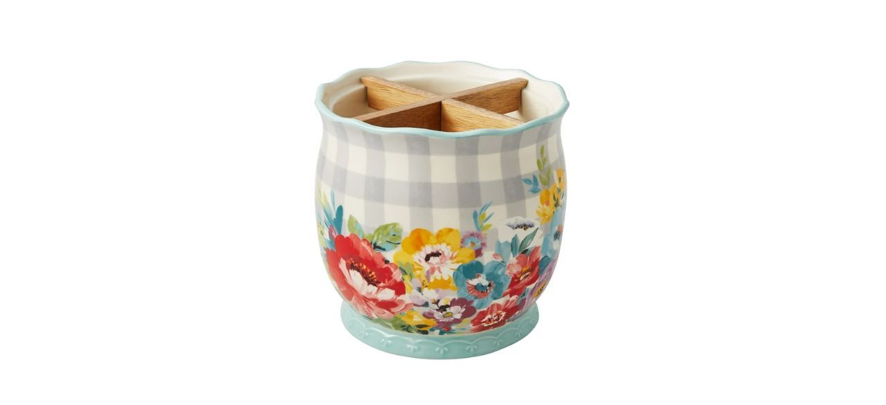 The Pioneer Woman Sweet Romance Ceramic Utensil Crock with Wood Divider on white background