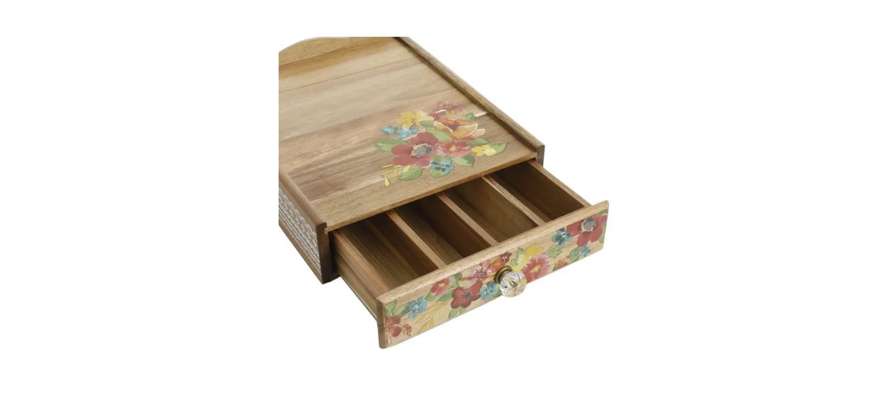 The Pioneer Woman Wildflower Whimsy 4-Compartment Wood Coffee Pod Organizer on white background