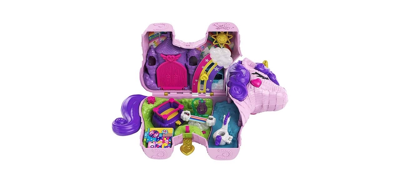 Polly Pocket Unicorn Party Large Compact Playset on white background; shaped like a unicorn