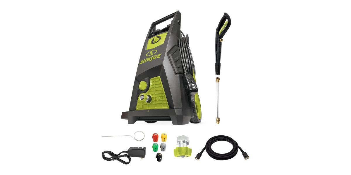 A bright green electric pressure washer with attachments