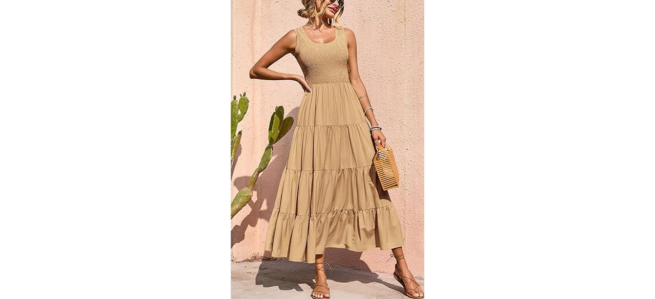 Woman wearing taupe PRETTYGARDEN Smocked Tank Maxi Dress