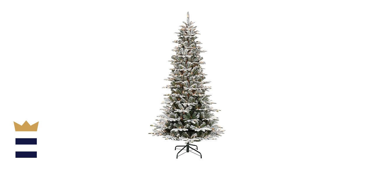 Puleo International 7.5 Foot Pre-Lit Slim Flocked Aspen Fir Artificial Christmas Tree with Clear Lights