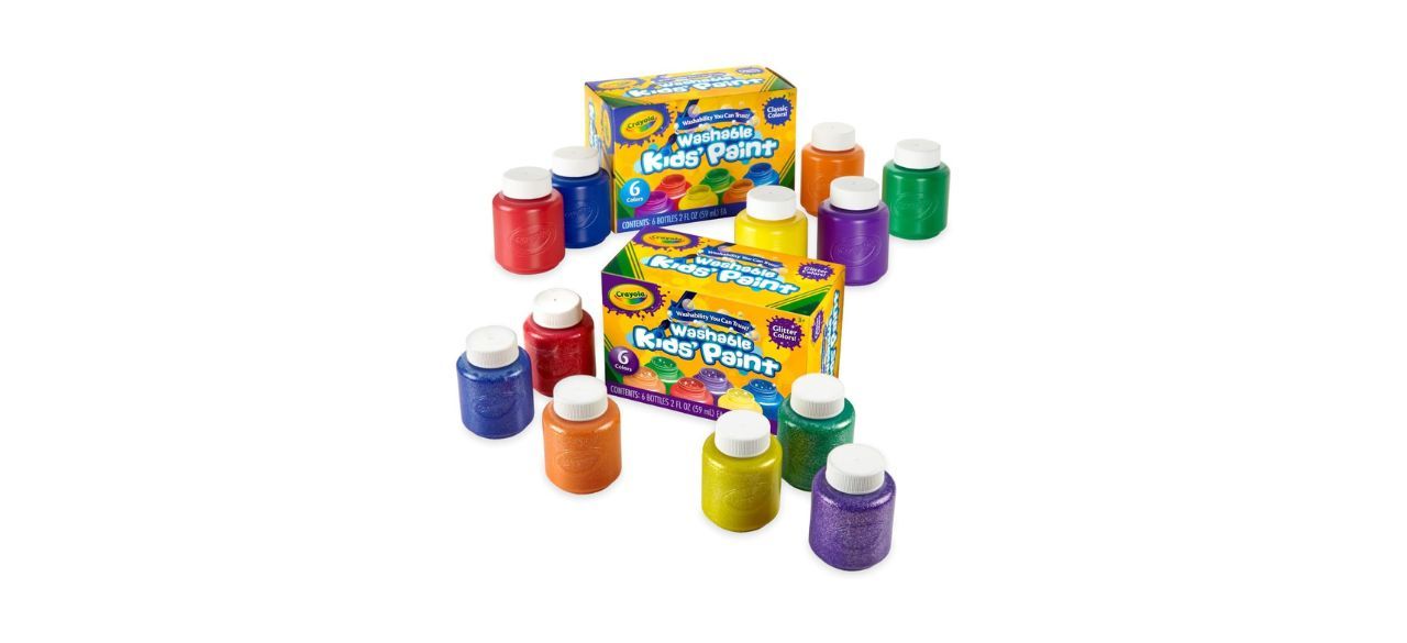 A set of 6 glitter paints and 6 matte paints for kids in blue, yellow, red, orange, green and purple