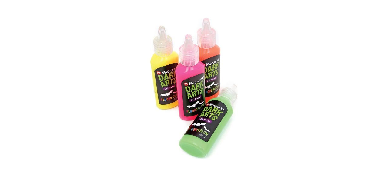 4 squeeze bottles of 3D fluorescent, glow-in-the-dark paint in yellow, pink, orange and green.