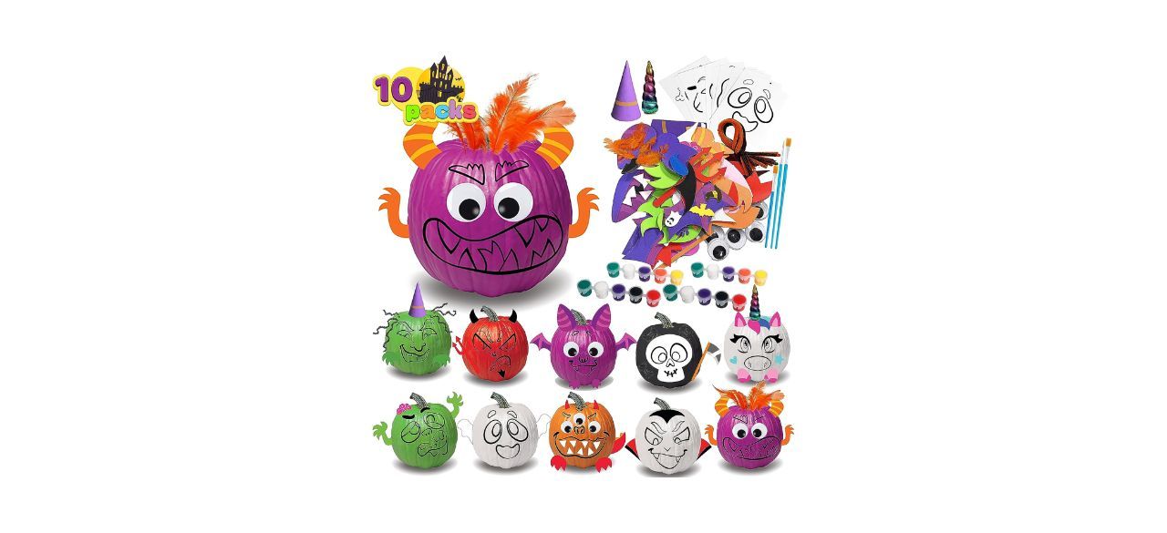 A few decorated pumpkins using tools in the kit. Paints, brushes and glue-on accessories are shown.