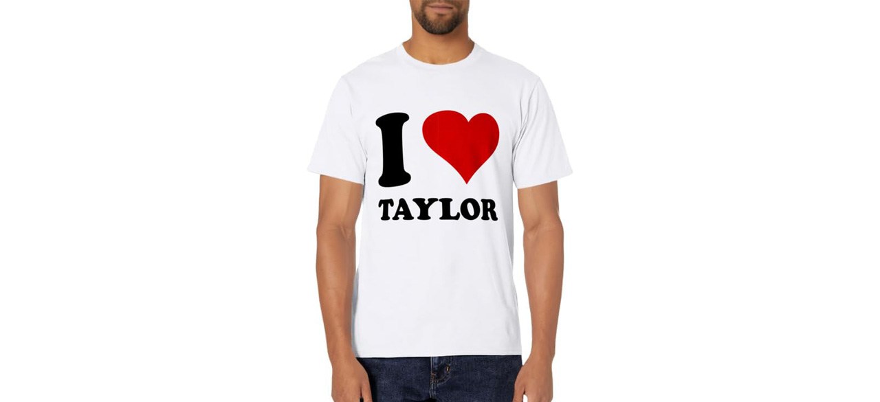 Man wearing Red Heart I Love Taylor T-Shirt on white background