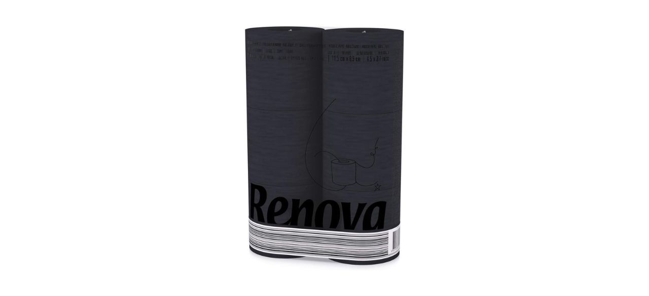 Renova Black Toilet Loo Tissue rolls on white background