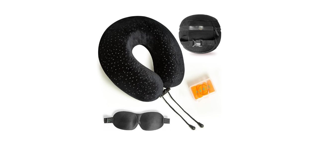 AERIS Memory Foam Travel Pillow with eyemask and earplugs