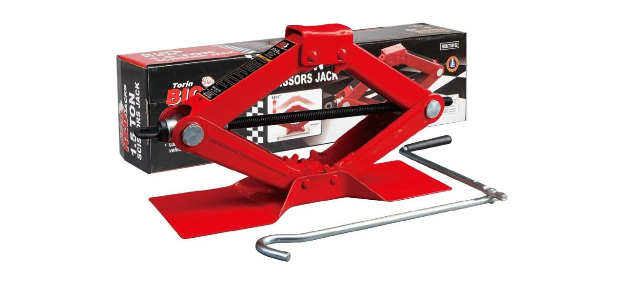 Torin BIG RED Steel Scissor Lift Jack next to its box on a white background