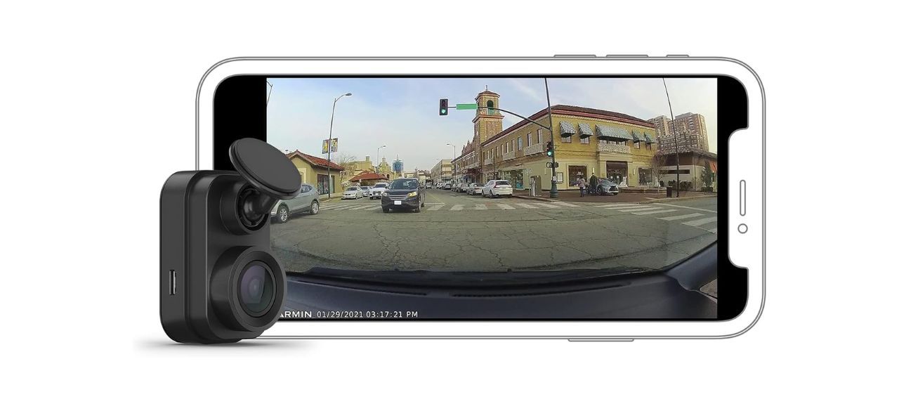 Garmin Dash Cam Mini 2 next to a smartphone display