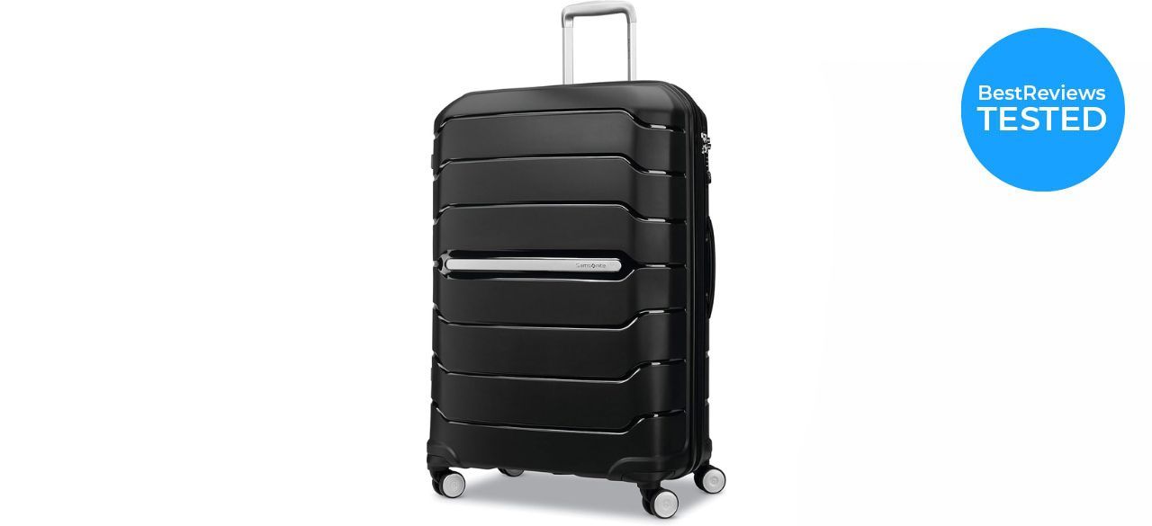  Samsonite Freeform Hardside Expandable luggage in black on white background and tested badge