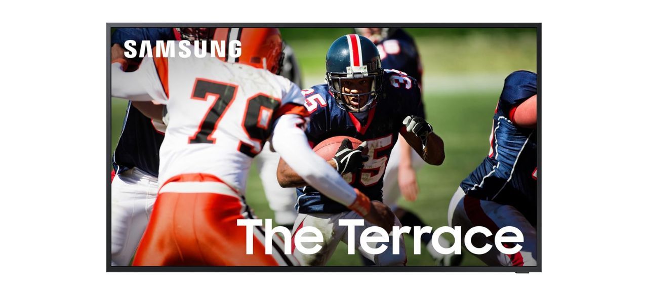Samsung 85-Inch Class Neo QLED 4K The Terrace Full Sun Outdoor TV showing a football game