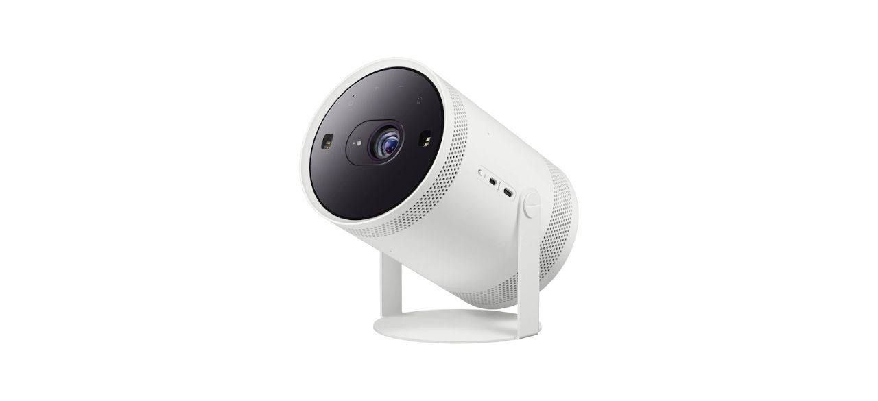 a Samsung The Freestyle Gen 2 projector, which is round and sits on a small stand