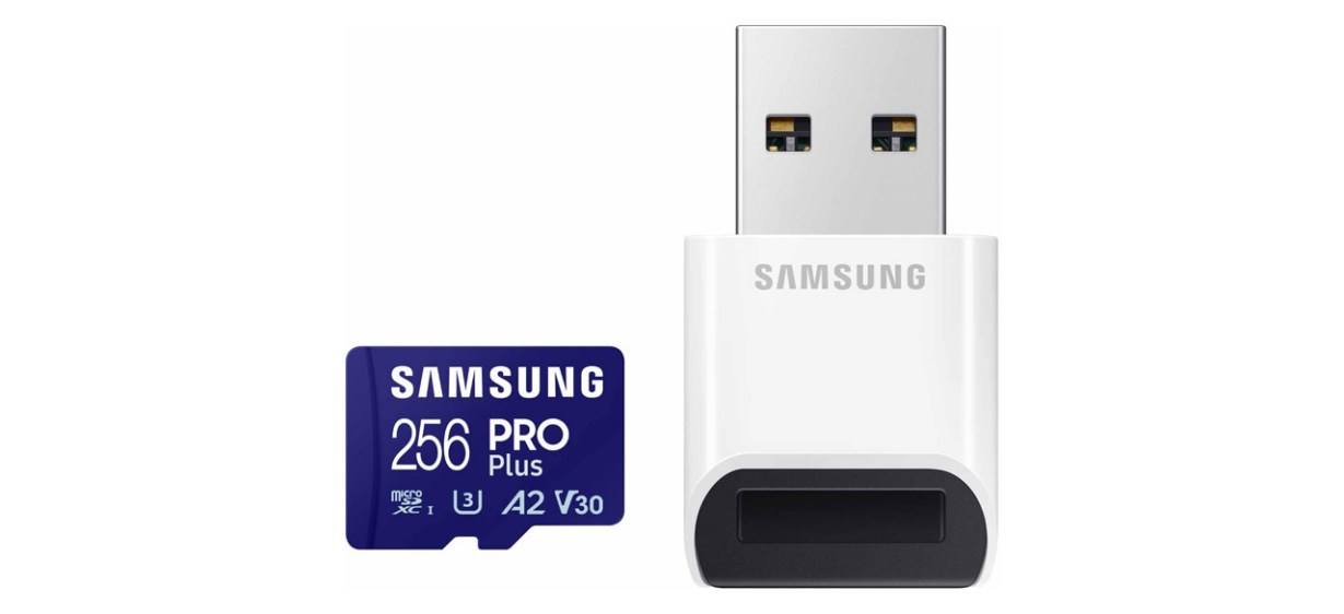 Samsung Pro Plus microSD Memory Card and Reader on white background Samsung Pro Plus microSD Memory Card and Reader on white background
