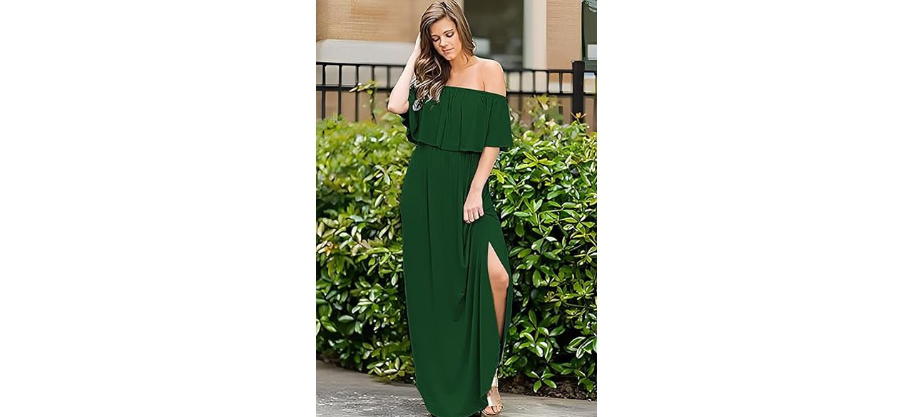 Woman wearing green Sarin Mathews Off-the-Shoulder Ruffle Maxi Dress