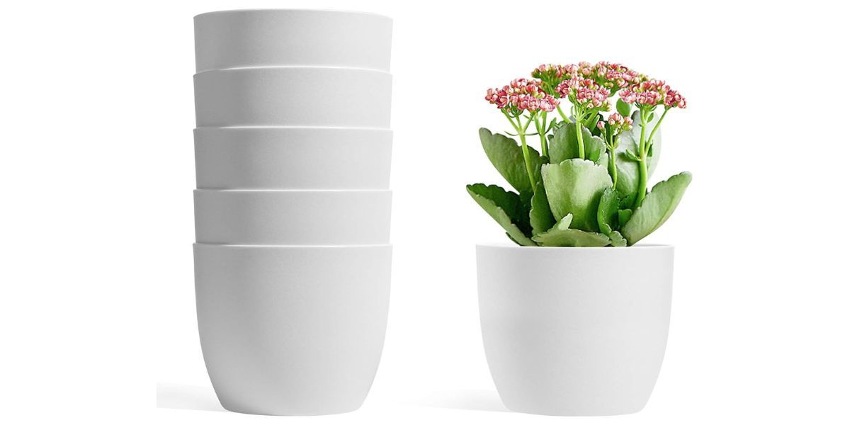  T4U 5 Inch Self Watering Planters stack of white planters on white background