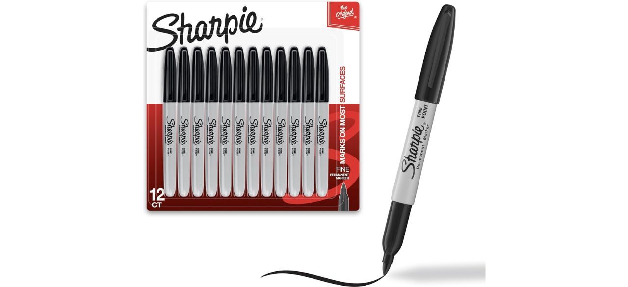 Sharpie Permanent Markers, Fine Point, Black, 12 Count on white background