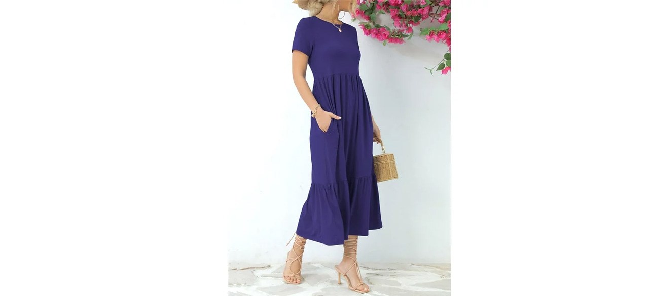 Woman wearing blue SIEANE Short Sleeve Crew Neck Maxi Dress