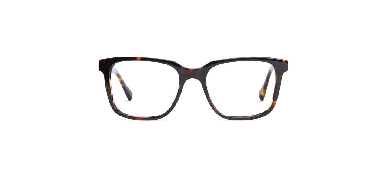 A pair of tortoise-shell style blue light glasses with a straight top and square-ish bottom