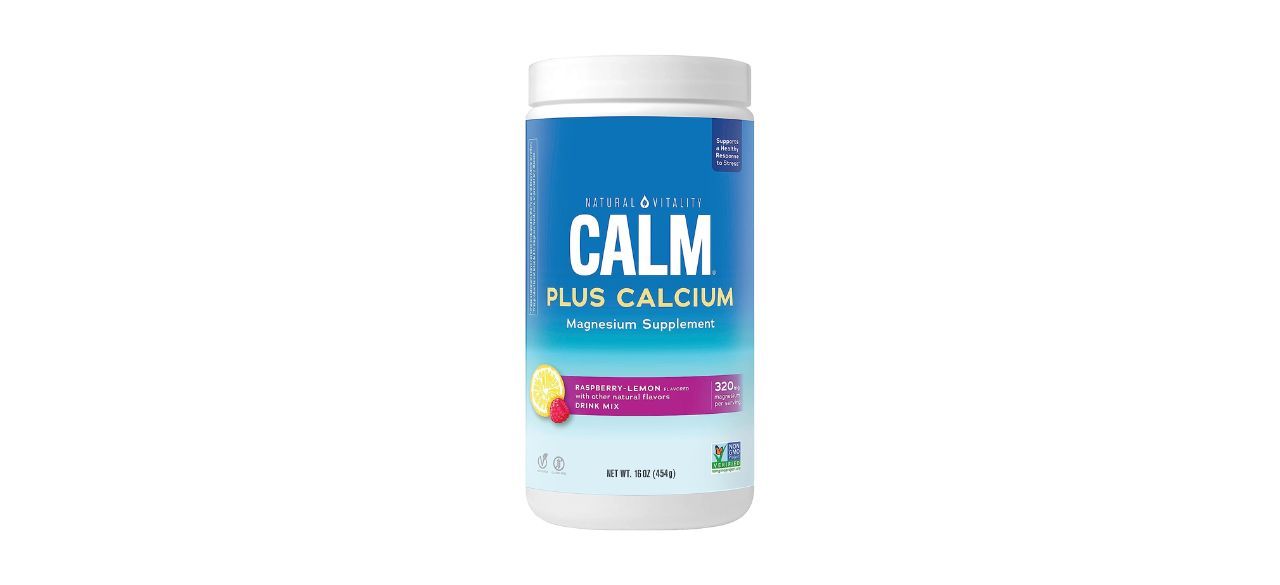 a white and blue cylindrical container of Calm raspberry lemon supplement drink mix, which includes both calcium and magnesium