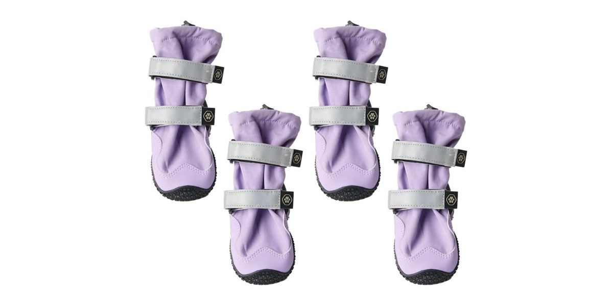 Four purple dog boots on white background