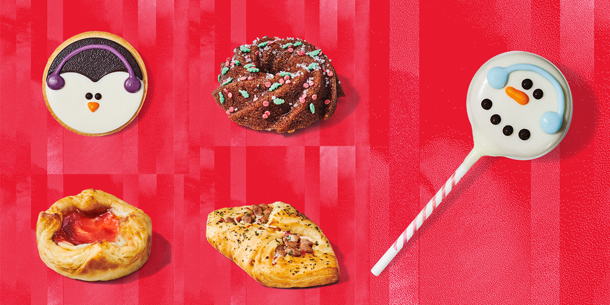 Starbucks holiday food items on red background