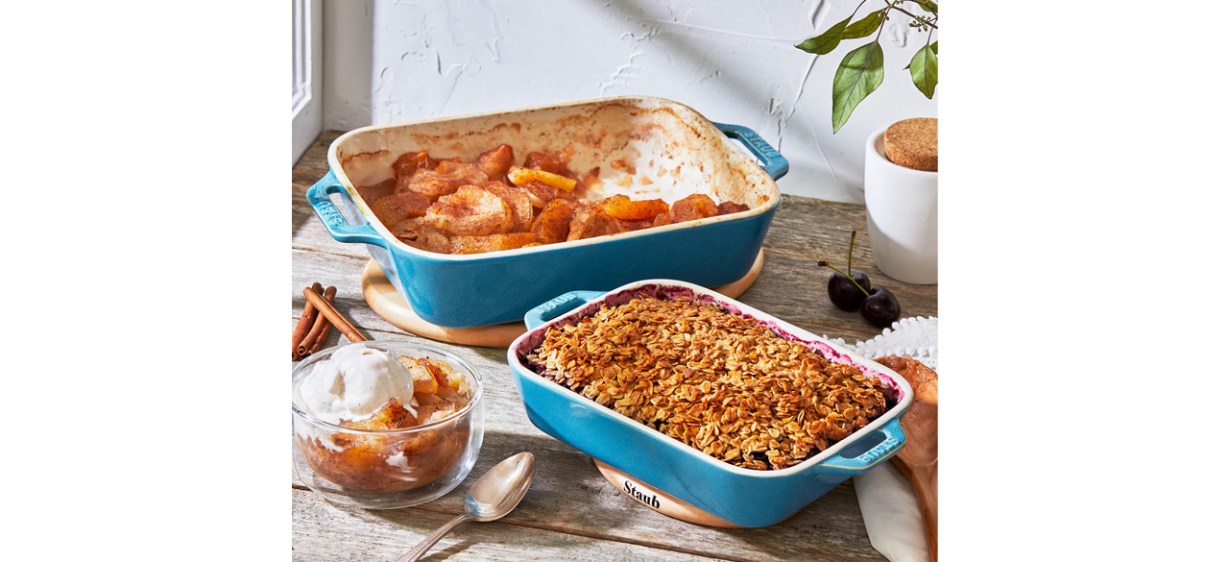 Staub Rustic Turquoise Rectangular Baking Dish Set on table