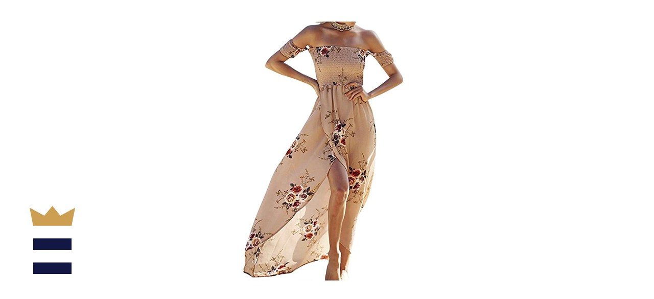 SVALIY Floral Off the Shoulder Split Chiffon Maxi Dress