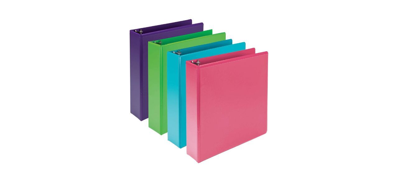 four 3-ring binders, measuring 2 inches wide each, in the colors purple, green, light blue and hot pink