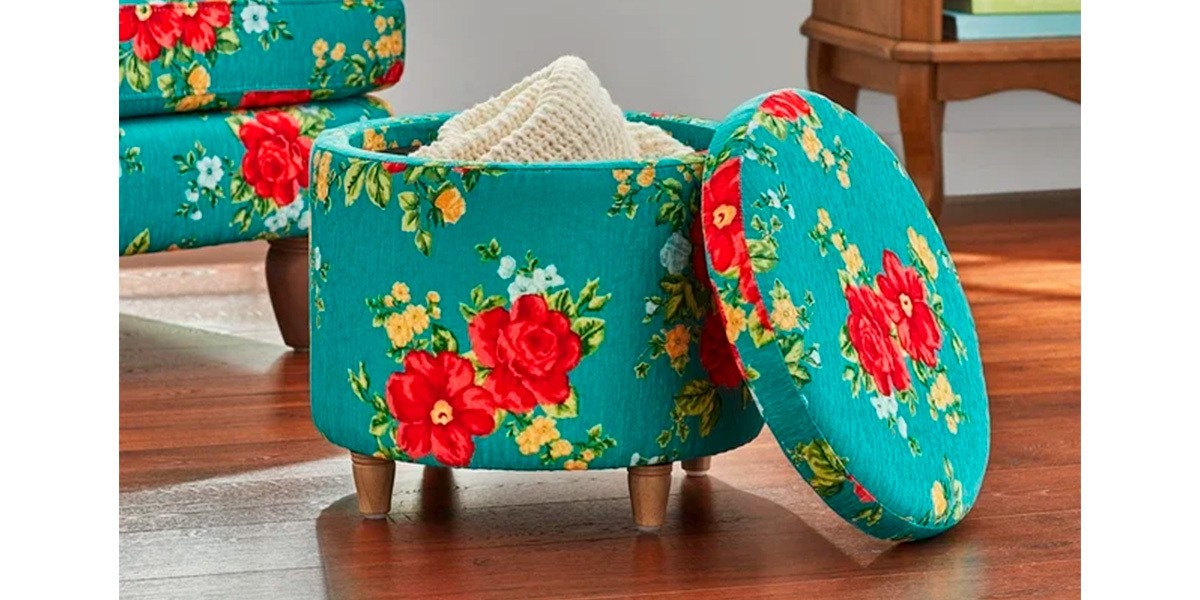 The Pioneer Woman vintage Floral Fabric Round Storage Ottoman in Teal