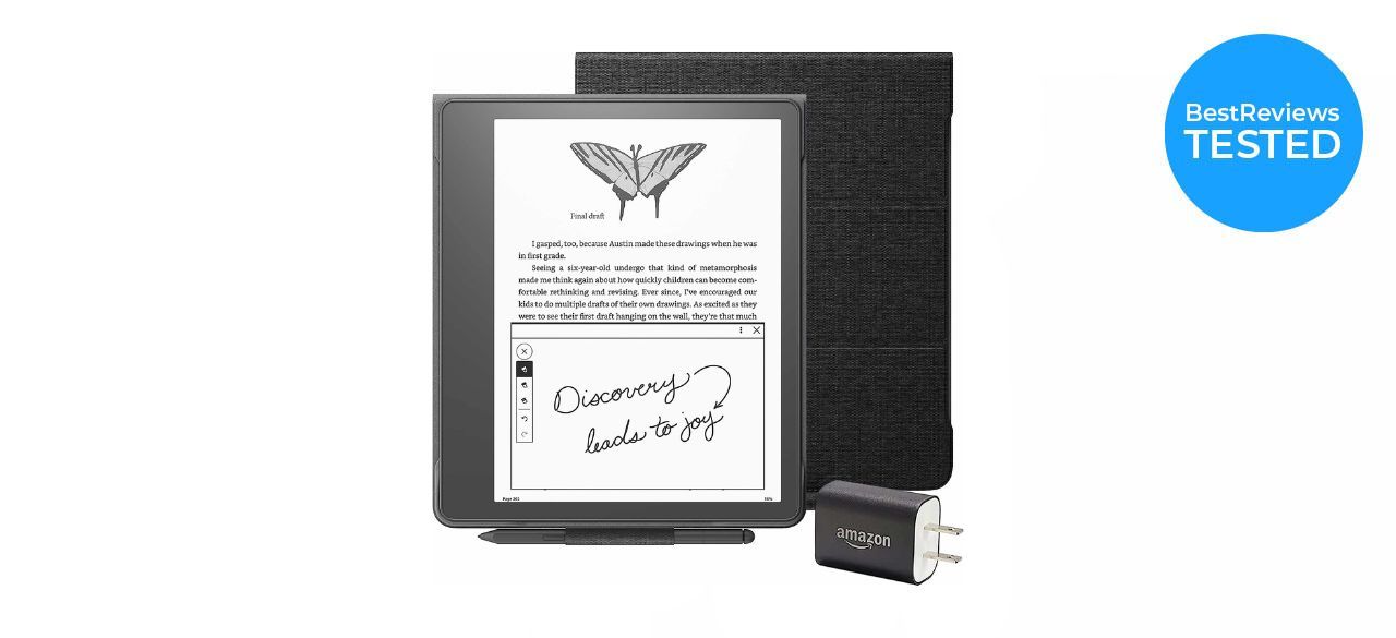 a kindle scribe, a kindle pen, a kindle scribe cover and a power adapter