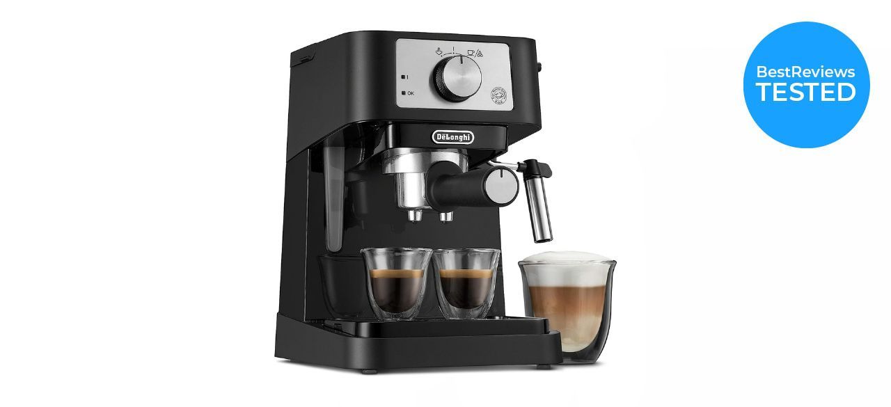 a black De'Longhi Stilosa Manual Espresso Machine with mugs under the spouts