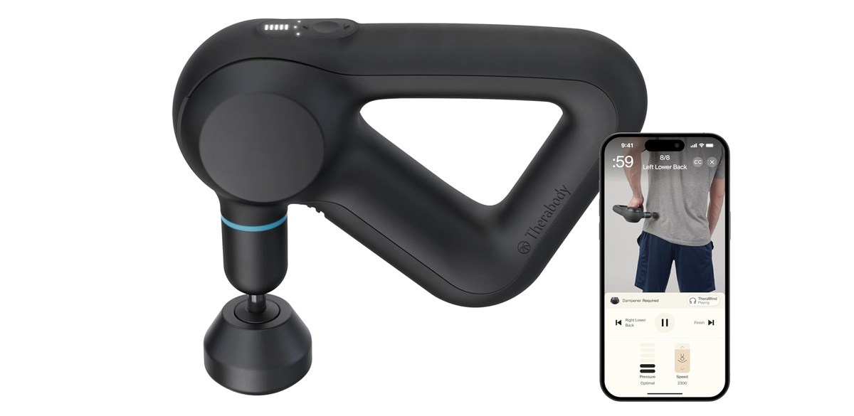 TheraGun Therabody Prime (5th Generation) - Deep Tissue Percussion Therapy Massage Gun - Bluetooth Enabled Personal Massager for Pain Relief in Neck Back Leg Shoulder and Body (Black) on white background