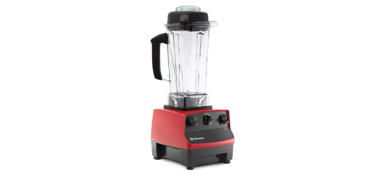 Red and black Vitamix blender on white background