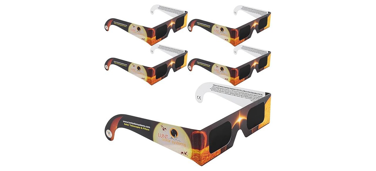 LUNT Solar Systems 5 pack eclipse glasses on white background