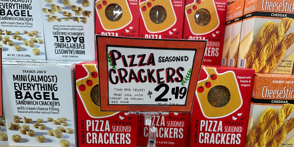 Trader Joe's Pizza Crackers stacked on a shelf