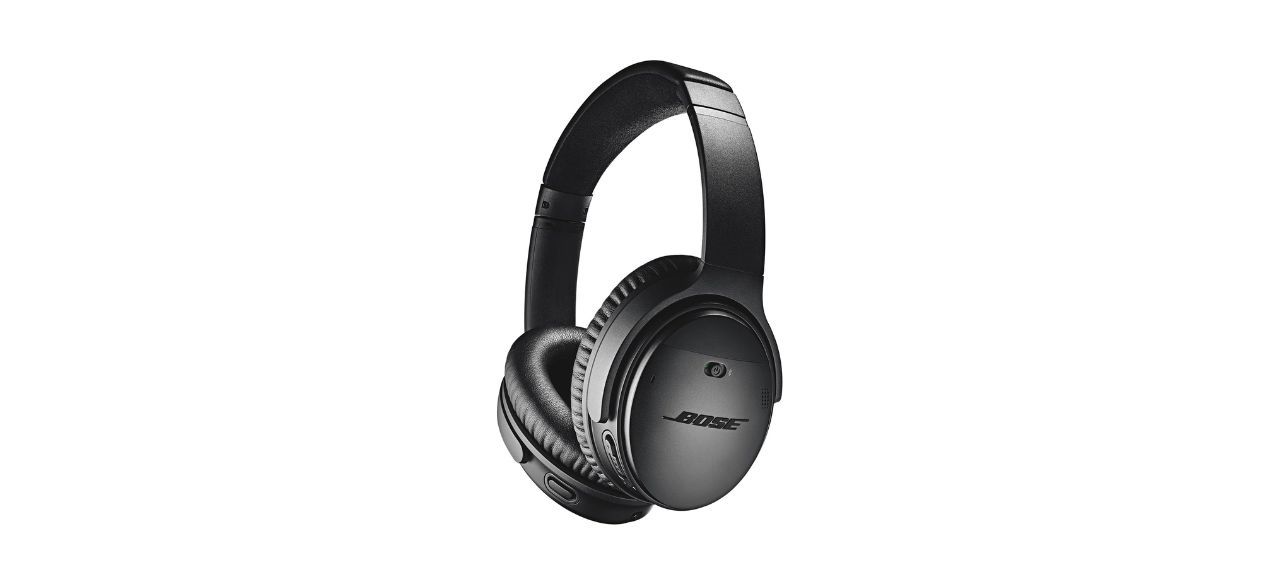 A pair of wireless over-the-ear headphones on a white background