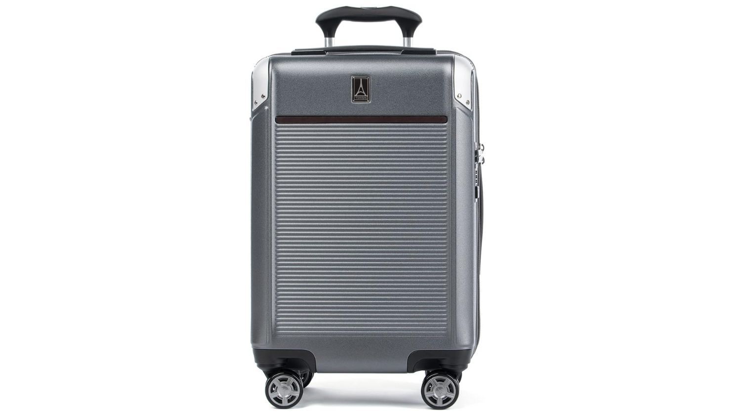 grey suitcase on white background