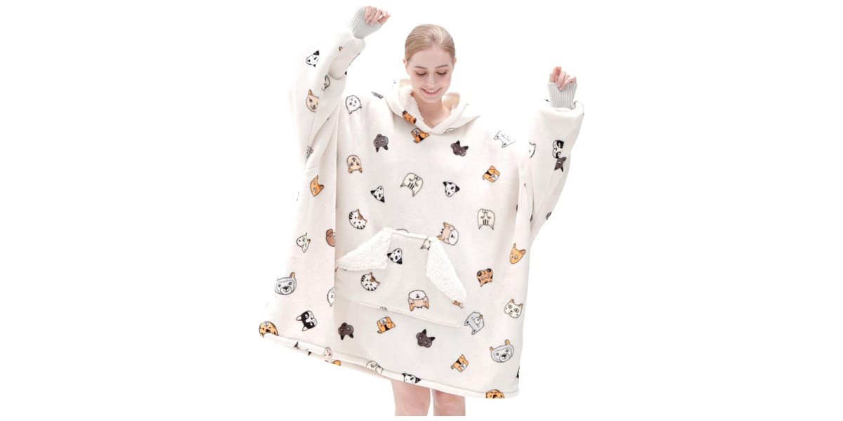 white wearable blanket hoodie with cats on it