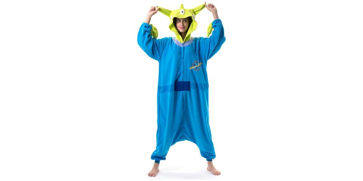 woman wearing onesie pajamas that look like toy story aliens