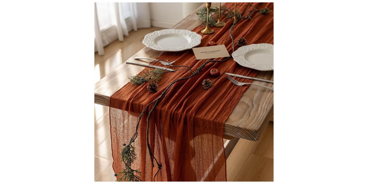 orange table runner on wooden table