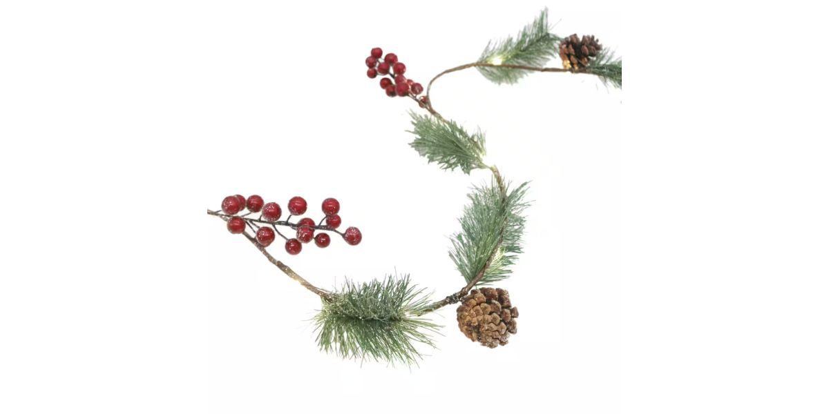 15ct. Warm White LED Iced Pine & Berry Garland String Lights by Ashland