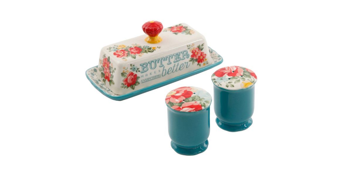 The Pioneer Woman Vintage Floral Salt and Pepper and Butter Dish Set