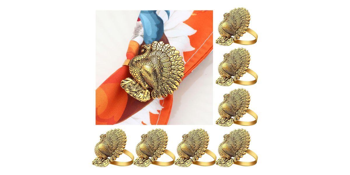 12 gold-colored napkin rings shaped like turkeys