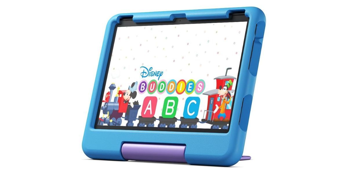 blue Amazon Fire HD 10 Kids Tablet on white background