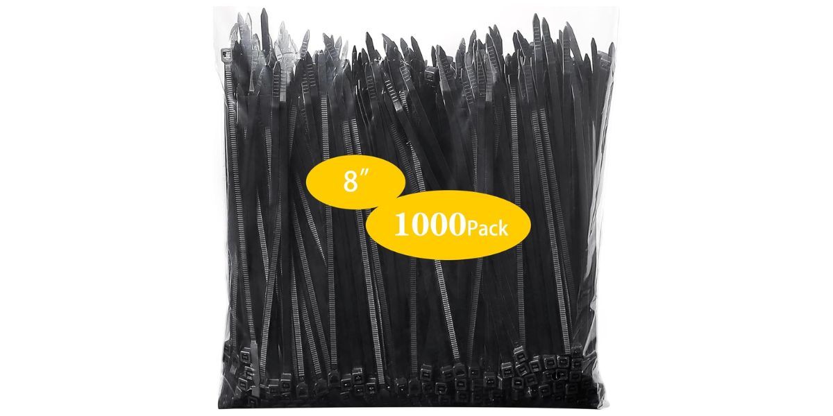 bag of black zip ties on a white background